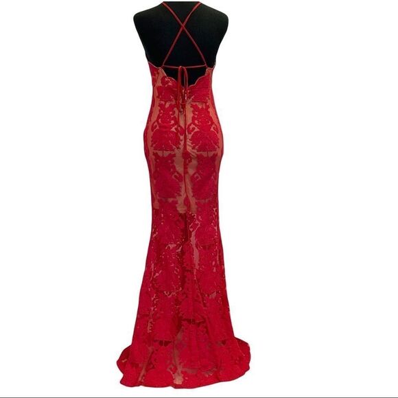 Red lace sleeveless halter top mermaid maxi dress gown size medium - Picture 4 of 15